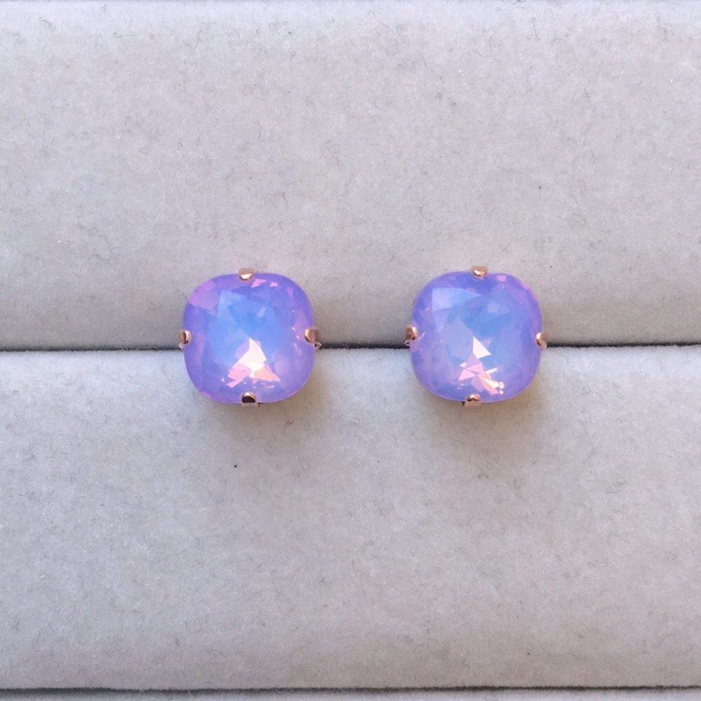 Lilac Purple-Blue Opal Aurora Borealis + Rose Gold Cushion Cut Crystal Earrings